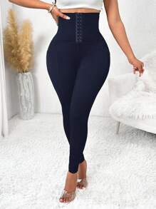 SHEIN Lady 秋冬休闲优雅运动黑色针织前扣女士紧身裤