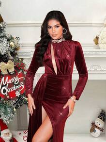 Zolique 女士纯色镂空高开叉连衣裙 - 酒紅色 - 查看 4