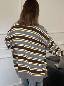 DAZY Loose Contrast Stripe V-Neck Cardigan For Women - Grey - View 2