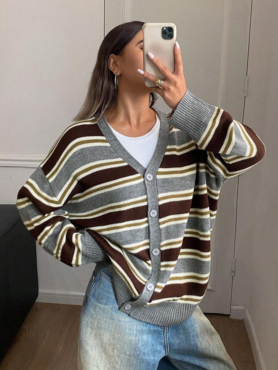 DAZY Loose Contrast Stripe V-Neck Cardigan For Women - Grey - View 1