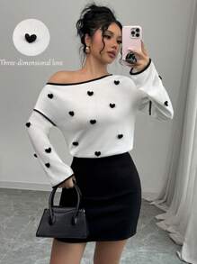 Elenzga 女款心形图案不对称领口撞色边长袖T恤 图案T恤 女款春季上衣