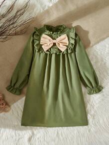 SHEIN 1pc Tween Girls Ruffle Bowknot Stand Collar Long Sleeve Green Ruffled Dress - Olive Green - View 1