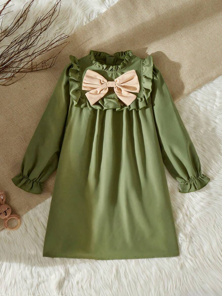 SHEIN 1pc Tween Girls Ruffle Bowknot Stand Collar Long Sleeve Green Ruffled Dress - Olive Green - View 1