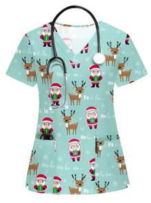 PopScrub 2025 Nieuwjaar Vrouwen Verpleegster Uniform Top, Korte Mouw Scrub Shirt