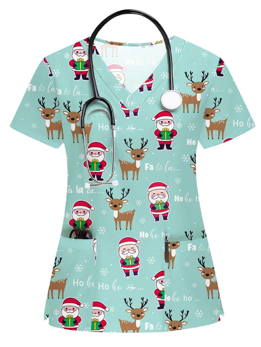 PopScrub 2025 Nieuwjaar Vrouwen Verpleegster Uniform Top, Korte Mouw Scrub Shirt