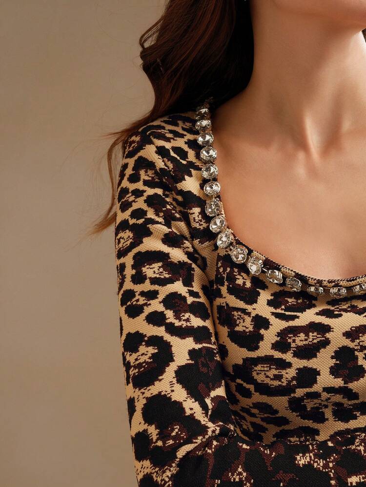 Women's Elegant Leopard Ombre Square Neck Rhinestone Mini Dress