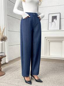 SHEIN LUNE 休闲简约水洗条纹锥形牛仔裤 - 深色水洗藍 - 查看 5