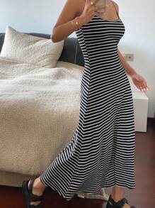 Livesso Women's Long Striped Print Backless Sleeveless Cami Dress Sundress Maxi Dress - Black - View 3