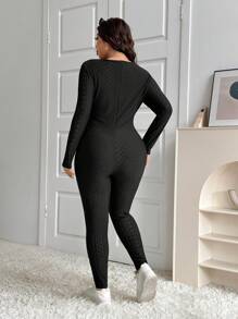 SHEIN EZwear 大码女式纯色镂空刺绣修身连体裤，休闲，秋季 - 黑色 - 查看 2