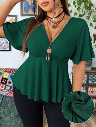 Sunspun Plus Size Women Summer Casual Elegant V-Neck Ruffle Sleeve T-Shirt, For Thanksgiving