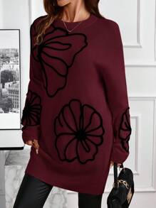 EMERY ROSE Women Off-Shoulder Long Sleeve Embroidered Knit Sweater Dress In Fall/Winter - Burgundy - View 4