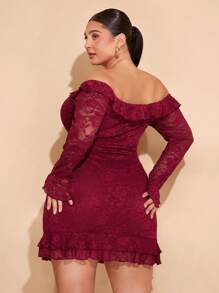 SHEIN BAE Plus Size Ladies Elegant Sexy Ruffle Lace Long Sleeve Dress Suitable For Dating, Party, Going Out, Christmas Party Outfit - Burgundy - View 1