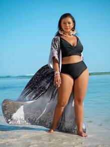 Plus Size Floral Print Long Kimono Cardigan, Minimalist Fashion Casual Everyday Wear Summer - Black - View 4