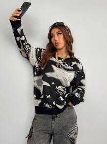 Muchica 女士休闲圆领长袖星星图案毛衣，适合秋冬季 - 黑色 - 查看 5