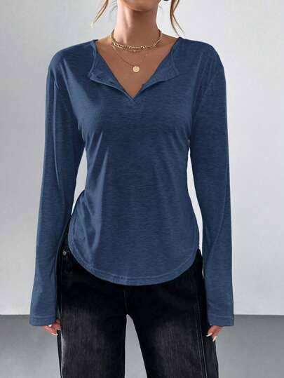 SHEIN Essnce Blusa de manga larga con bajo curvo de corte holgado para mujer, de estilo casual y relajado