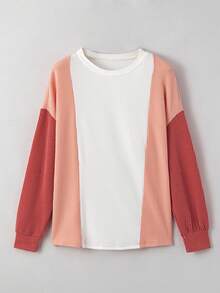 Acelitt 女士休闲条纹圆领落肩长袖宽松T恤，春夏 - 彩色 - 查看 1