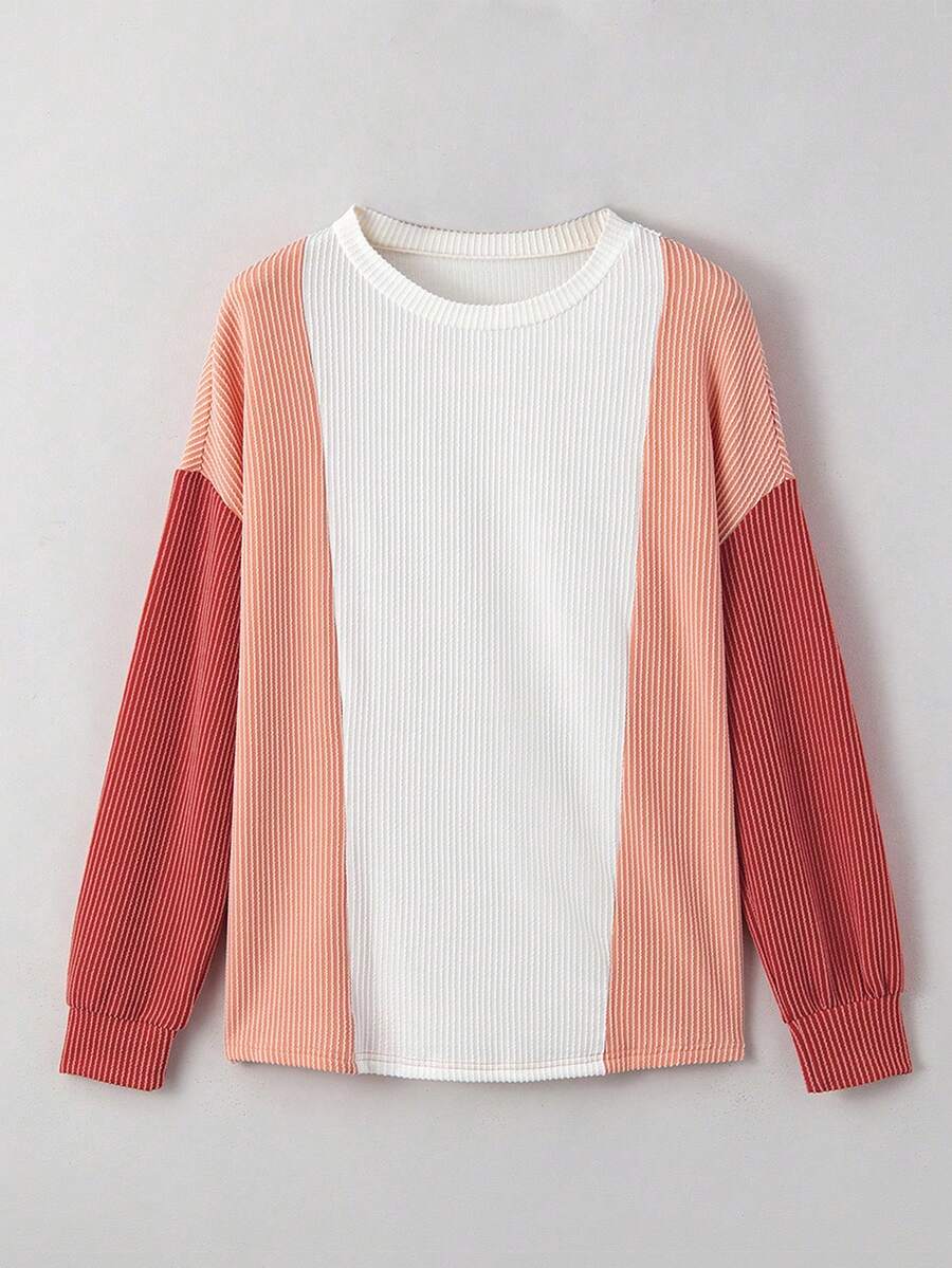 Acelitt 女士休闲条纹圆领落肩长袖宽松T恤，春夏 - 彩色 - 查看 1