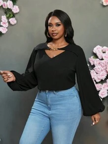Slaydiva Women Elegant Commuting & Casual Loose Solid Black Hollow V-Neck Metal Decor Lantern Sleeve Blouse, Lightweight Woven Fabric, Plus Size Regular Shirt, Spring & Autumn