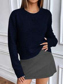 SHEIN PariChic Relaxed Solid Color Crew Neck Knit Long Sleeve Sweater Knit Pullover Fall Winter - Navy Blue - View 4