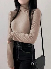 DAZY Women's Turtleneck Slim Fit Base Layer Pullover T-Shirt Long Sleeve Women Tops,Fall Women Clothes - Apricot - View 2