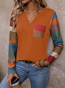 SHEIN LUNE Random Printed Notch Neck Pocket Contrast Color Casual Long Sleeve T-Shirt - Multicolor - View 4