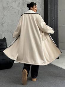 SHEIN EZwear Veste grande taille automne-hiver épaisse et chaude, en suède imitation lapin fourrure, avec col châle oversize et broderie de contraste