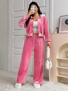 CovetEZ Bộ 2 món áo trùm đầu nhung thường ngày cỡ lớn mùa thu và quần dài - Hồng - Xem 1