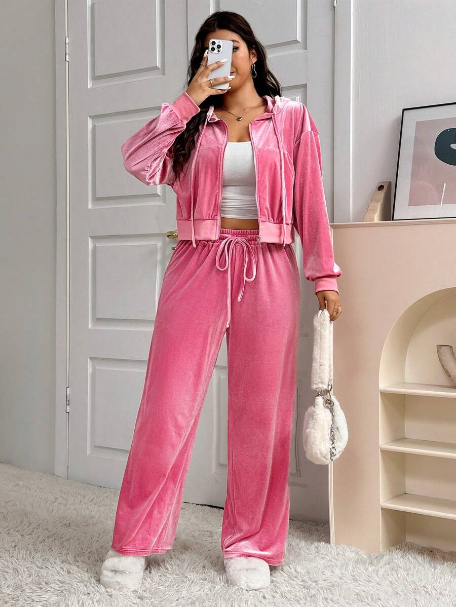 CovetEZ Bộ 2 món áo trùm đầu nhung thường ngày cỡ lớn mùa thu và quần dài - Hồng - Xem 1