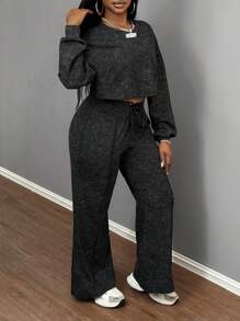 Slaydiva 2pcs Women Streetwear Oversized Snowflake Print Sweatsuit,Fall/Winter - Grey - View 3