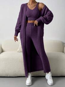 Chiquease 3 Peças Conjunto de Roupas Roxas Femininas: Regata Aveludada de Cor Sólida, Calça Longa, Cardigã Longo Com Bolsos - Roxo - Visão 3
