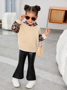 SHEIN 2pcs/Young Girl Contrast Leopard Print Loose Hooded Casual Sweatshirt & PU Trousers, Casual Hoodie, Versatile Outfit,Buy One Get One Free,Great For Casual & Daily Wear & School Daily In Spring And Autumn,Mom And Daughter Matching,Sister And Me Matching