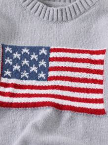 1 chiếc áo len dệt kim thiết kế cờ Hoa Kỳ cho bé gái tuổi teen, áo chui đầu sọc sao cổ tròn dài tay cho bé gái tuổi teen - Xám - Xem 4