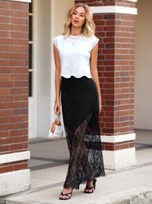 SHEIN VCAY Women's Elegant Solid Color Lace Patchwork Skirt, Autumn