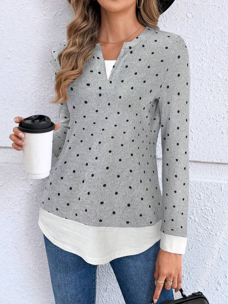 Tops Women Women's V-Neck Polka Dot Print Long Sleeve Casual T-Shirt, Autumn