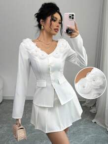 Chiquease Camisa casual elegante de manga larga con escote en V, botones frontales y aplicaciones florales para mujer - Blanco - Ver 3