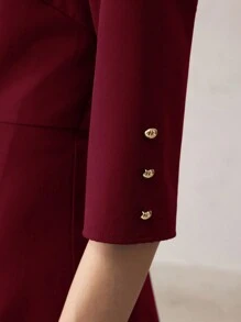 BizChic Váy đi làm thanh lịch màu trơn cho nữ, váy mùa thu cho nữ, cài nút phía trước - Màu Đỏ Sâu - Xem 5