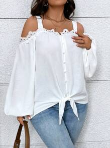 SHEIN LUNE Áo sơ mi hở vai viền ren màu trơn thanh lịch cỡ lớn, mùa thu - trắng - Xem 6