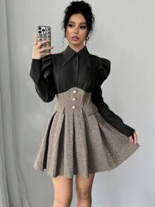 Elenzga Women's Elegant Plaid Gigot Sleeve Ruffle Hem Mini Dress, Autumn Fall Cloth For Women - Multicolor - View 5