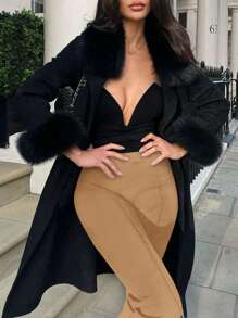 Chiquease 女士纯色高腰牙签条纹设计直腿时尚休闲长裤 - 卡其色 - 查看 5