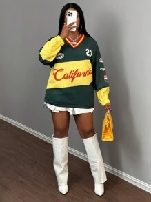 Slaydiva New Casual Street Sports V-Neck Off-Shoulder Long-Sleeved Loose Dark Green Contrasting Yellow English Slogan Logo Printed Women's Sweatshirt-A Graduation,Back To School Outfits,Graduation,Teacher Outfits For Women,Back To School