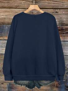 SHEIN CURVE+ Plus Size Women's American Flag And Lettering Graphic Thermal Lined Crew Neck Long Sleeve Sweatshirt, For Winter , Graduation, Teachers For Women, Back To School Pullover Fall Autumn