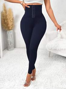 SHEIN Lady 秋冬休闲优雅运动黑色针织前扣女士紧身裤