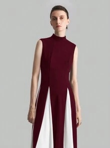 Ontre Vestido nuevo de primavera 2025 para mujer, vestido largo y holgado, vestido de cuello alto sin mangas de bloque de color, en colores vino tinto y blanco, vestido elegante para fiesta y cóctel - Burdeos - Ver 6