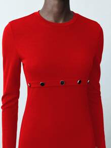 Maija Đầm dệt kim dài tay cổ tròn đơn giản hàng ngày màu trơn cho nữ mùa đông dài Đầm cho nữ thanh lịch - Đỏ - Xem 7