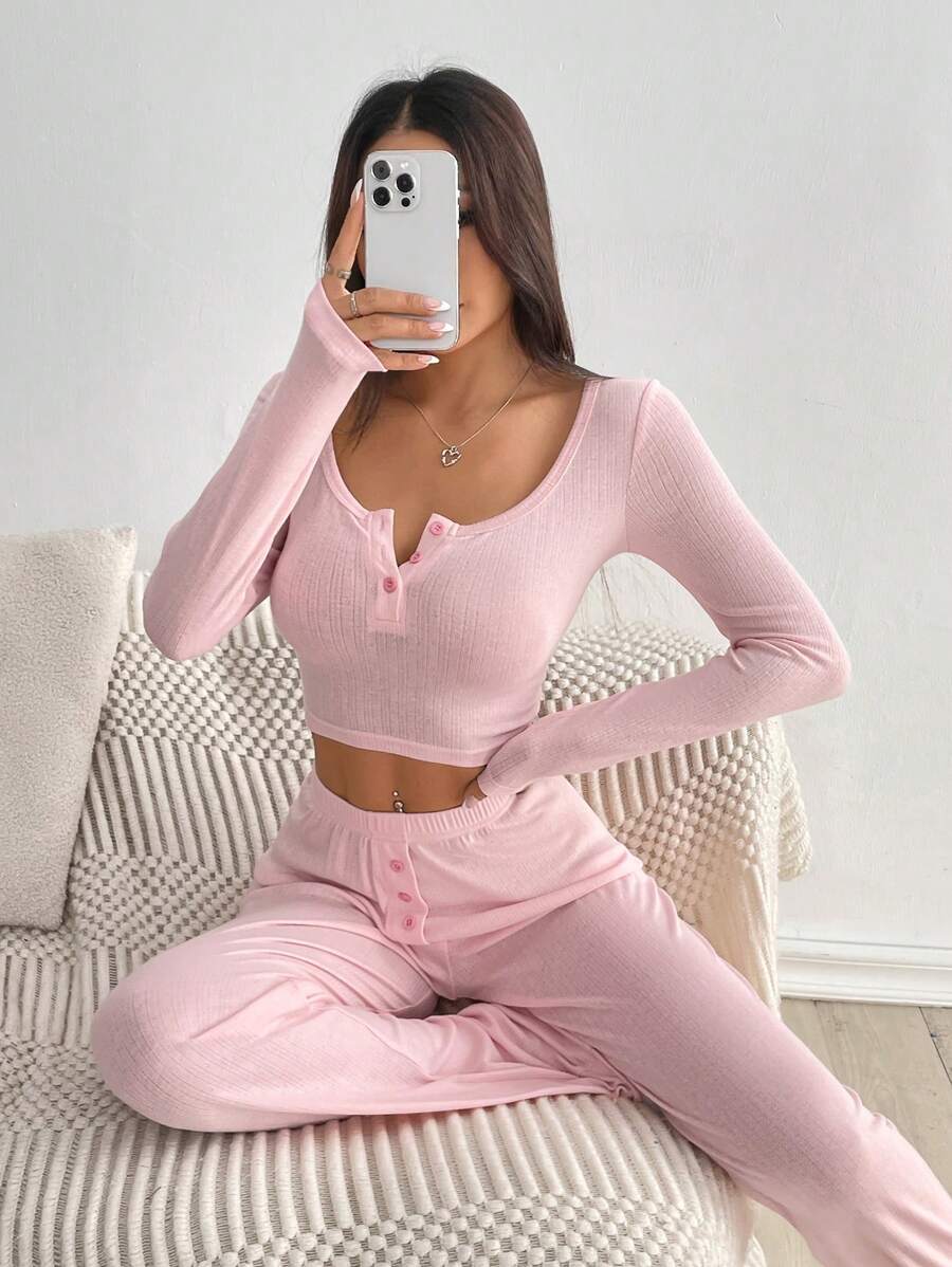 SHEIN Unity Bộ 2 áo thun dài tay cổ tròn có nút bấm phía trước cho nữ và quần ống đứng trang trí eo có nút bấm phía trước, đồ mặc nhà thường ngày, mùa thu/đông - Hồng - Xem 1