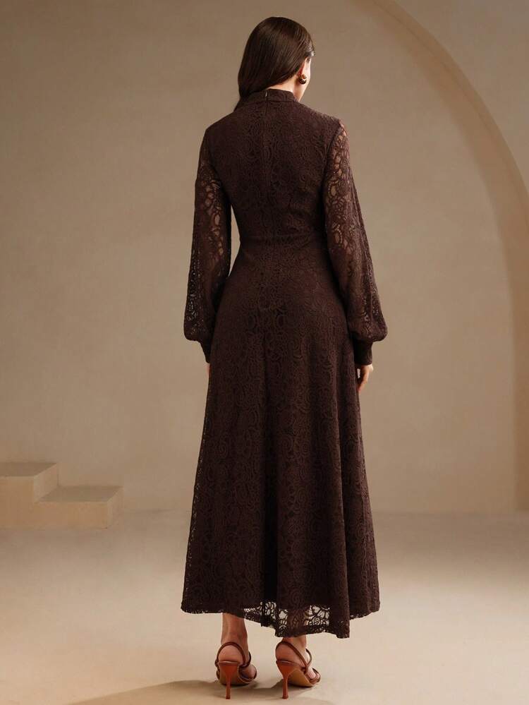 Women's Long Sleeve Lace Wine Red Dress Maxi Women Outfit