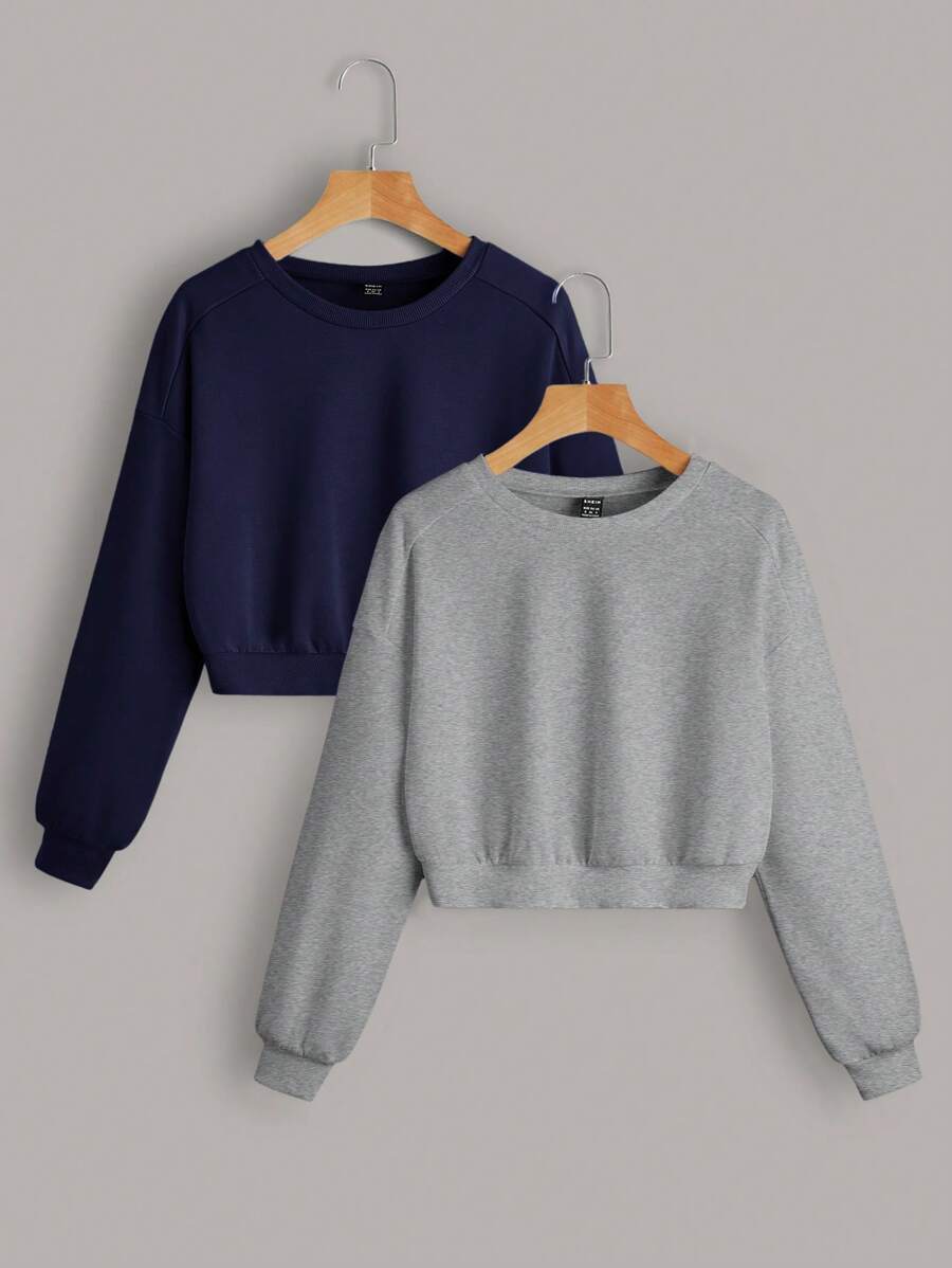 Muchica Set de 2 sudaderas básicas de punto con cuello redondo para mujer - Azul Marino - Ver 1