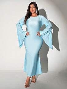 Viva Relle Plus Size Women Solid Ruffle Collar Flare Sleeve Fitted Elegant Dress - Blue - View 4