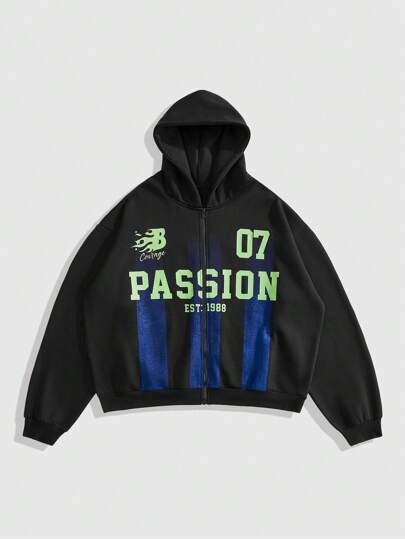 ROMWE MEN Street Life Men's Letter Print Contrast Color Zip-Up Hooded Sweatshirt Sweatshirt