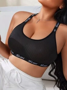 Plus Size Women's Letter Print Rib-Knit Bralette & Wireless Bra Set - Black - View 4